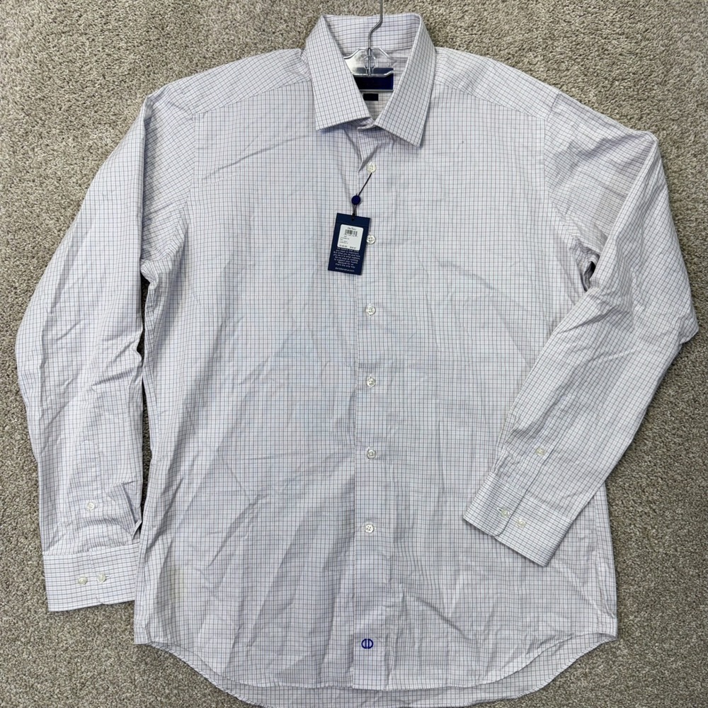 David Donahue Dress Shirt Mens 17.5 36/37 Trim Fit White Blue Check NEW